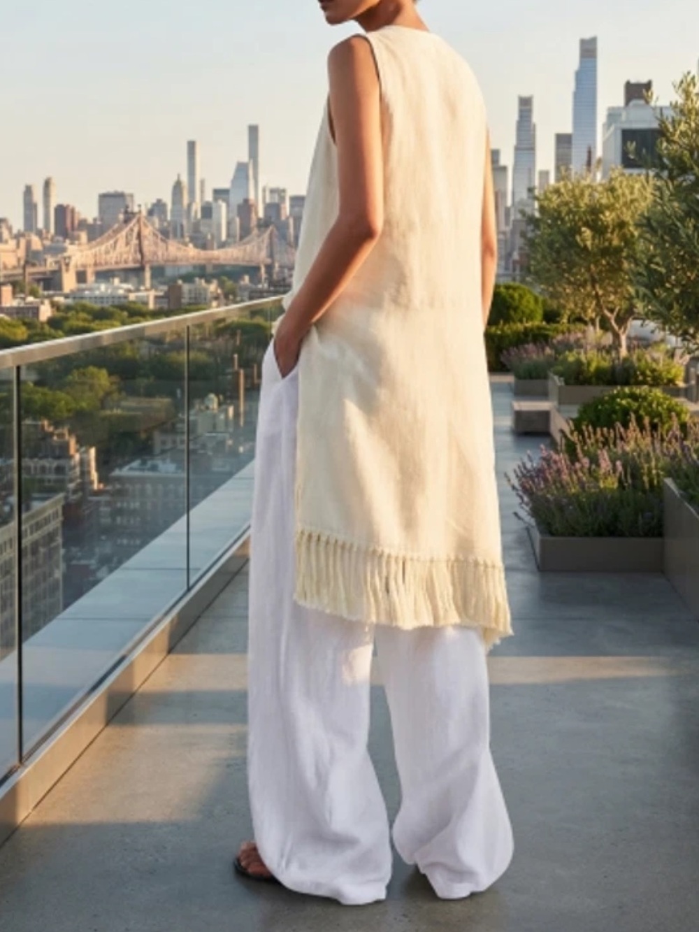 Zara NWT 100% linen white & cream Fringe hem Midi tunic Dress - Picture 11 of 16